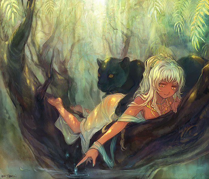 ame yamori, black panther, original, bad id, bad pixiv id, 1girl, animal, barefoot, dark-skinned female, dark skin, female focus, jewelry, long hair, lying, orange eyes, panther, ripples, solo, water, white hair