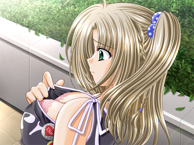 nishimata aoi, yukimura komachi, sore wa maichiru sakura no you ni, game cg, 1girl, blonde hair, bra, downblouse, female focus, green eyes, lingerie, long hair, solo, twintails, underwear