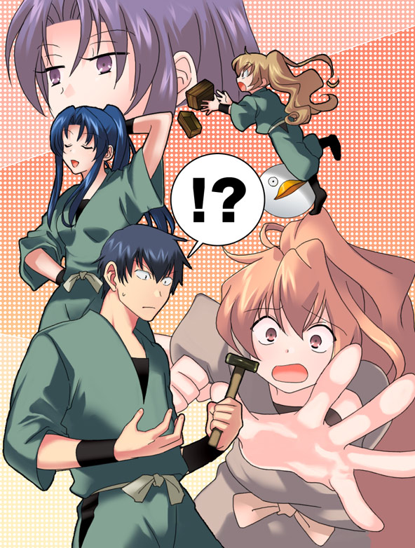ayanashi kunio, kanimayo, aisaka taiga, elizabeth (gintama), kawashima ami, takasu ryuuji, gintama, toradora!, bad id, bad pixiv id, 00s, 1boy, 2girls, blue hair, brown eyes, long hair, multiple girls, very long hair