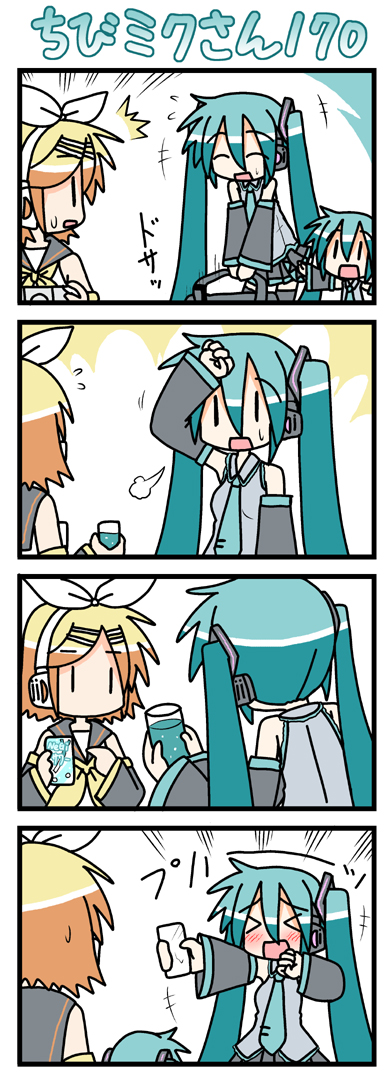 minami (colorful palette), chibi miku, hatsune miku, kagamine rin, vocaloid, commentary, long image, tall image, > <, 2girls, 4koma, ^^^, aqua hair, chibi, closed eyes, comic, drinking, multiple girls, silent comic, soda, sweatdrop, twintails, | |
