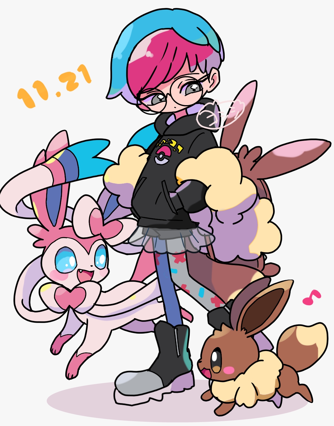 yoshishi (yosisitoho), eevee, penny (pokemon), sylveon, nintendo, pokemon, pokemon sv, highres, 1girl, :d, black hoodie, blue hair, blue pantyhose, blush, bow, brown fur, character backpack, dated, eevee backpack, fang, full body, gen 1 pokemon, gen 6 pokemon, glasses, grey eyes, hood, hoodie, long sleeves, looking at another, multicolored hair, musical note, neck fur, open mouth, pantyhose, pink fur, poke ball print, pokemon (creature), red hair, ribbon, round eyewear, see-through clothes, see-through skirt, short hair, simple background, skirt, smile, standing, two-tone fur, two-tone hair, white fur, yellow fur