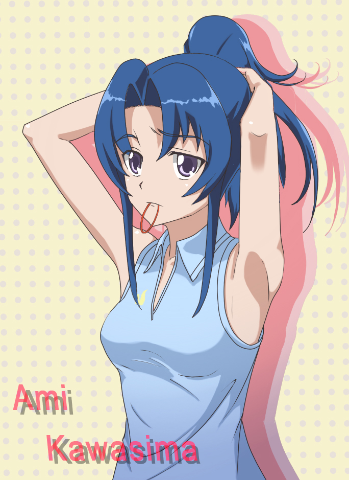 gebo, rocket-summer, kawashima ami, toradora!, 00s, 1girl, adjusting hair, armpits, blue hair, breasts, female focus, medium breasts, mouth hold, ponytail, purple eyes, solo