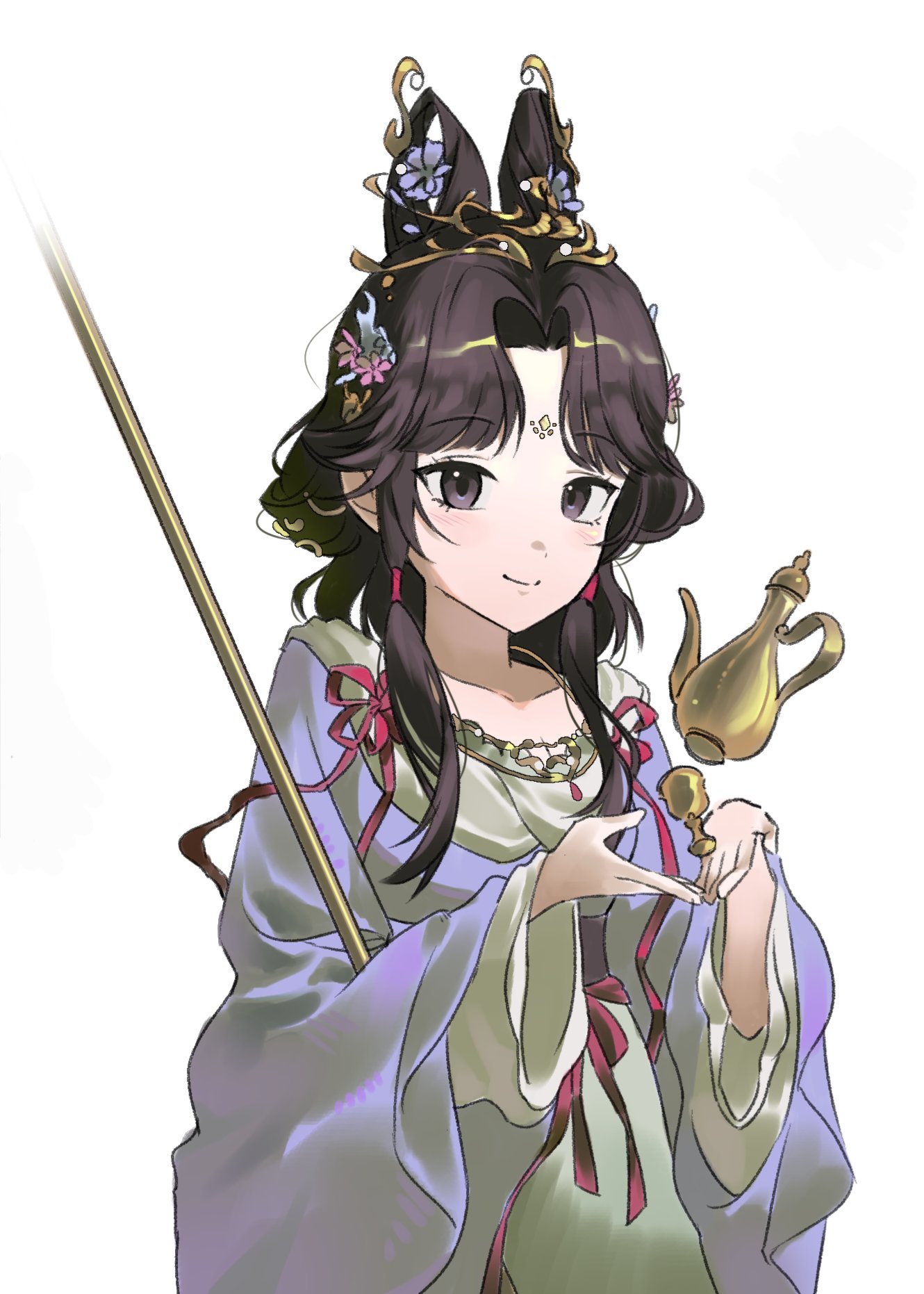guni (9guniguni), jiu niangzi, jiu niangzi (blossom spring fairy), reverse:1999, highres, 1girl, black eyes, black hair, chinese clothes, closed mouth, cup, facial mark, feixianji (hairstyle), flower, forehead mark, hair flower, hair ornament, hands up, hanfu, huadian, jewelry, kettle, looking at viewer, necklace, official alternate costume, pink flower, purple flower, purple hanfu, smile, solo, upper body, white background, wide sleeves