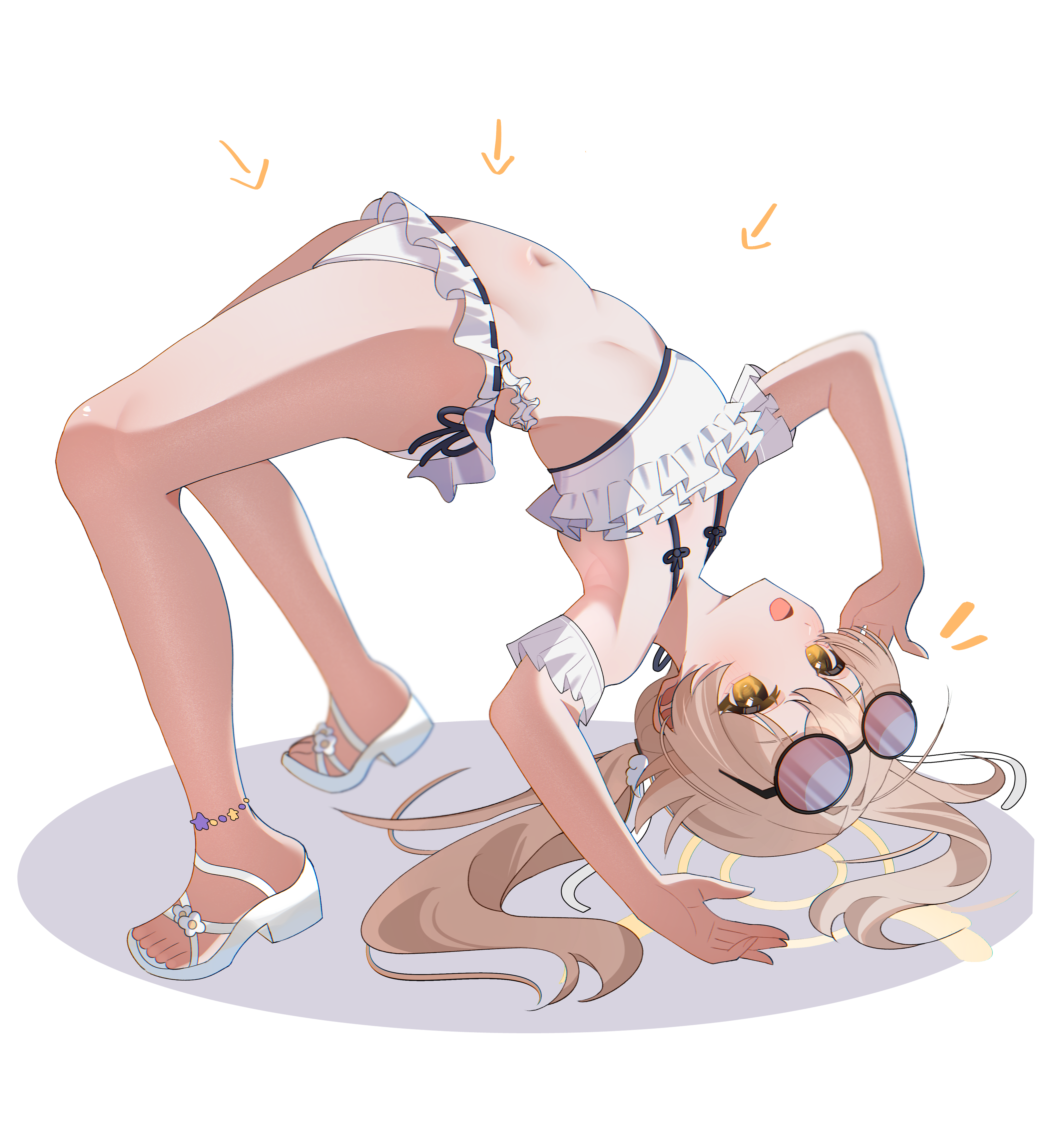 shusuchii, hifumi (blue archive), hifumi (swimsuit) (blue archive), blue archive, absurdres, highres, 1girl, anklet, bikini, blonde hair, body bridge, breasts, cleavage, detached sleeves, eyewear on head, frilled bikini, frilled sleeves, frills, full body, halo, highleg, highleg bikini, jewelry, long hair, looking at viewer, low twintails, multi-strapped bikini bottom, navel, official alternate costume, open mouth, round eyewear, sandals, short sleeves, side-tie bikini bottom, simple background, solo, stomach, sunglasses, swimsuit, toes, twintails, white background, white bikini, white sandals, yellow eyes, yellow halo