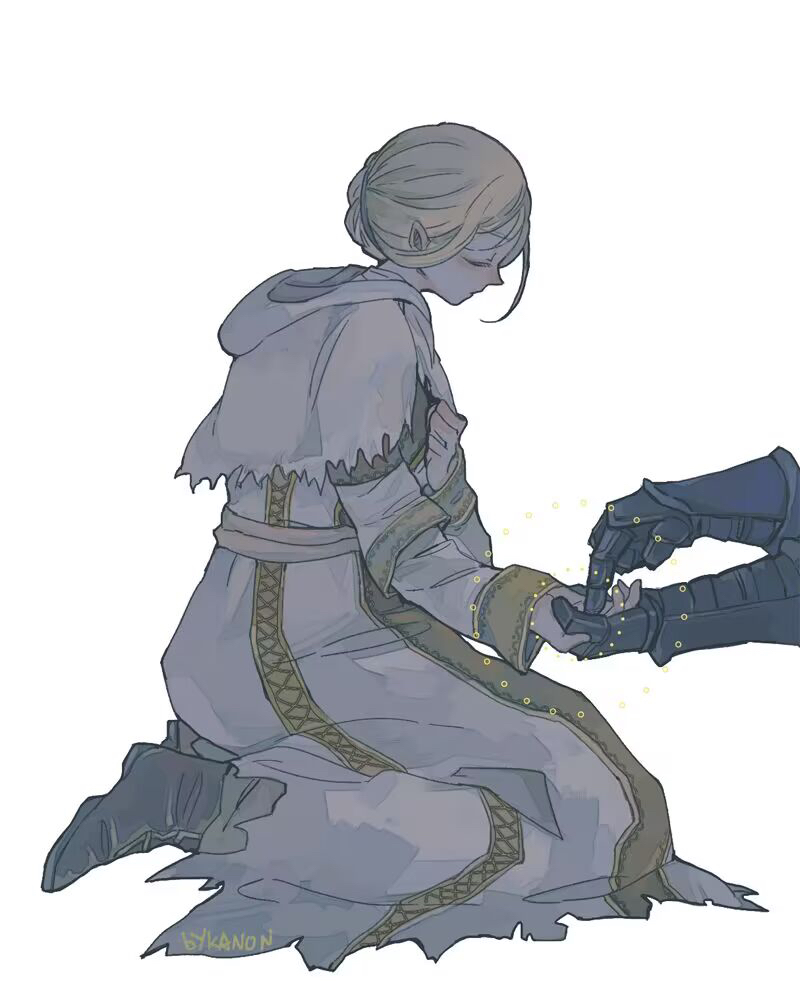 kanon (rsl), anastacia of astora, chosen undead, dark souls (series), dark souls i, commentary, 1girl, 1other, blonde hair, boots, closed eyes, dress, full body, gauntlets, grey boots, holding hands, long sleeves, short hair, simple background, sitting, solo focus, wariza, white background, white dress