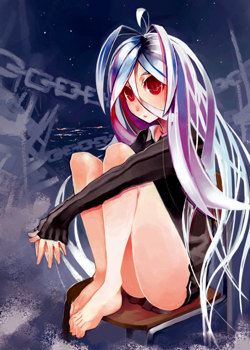 aco (koaya ako), comiket 75, bad id, bad pixiv id, 1girl, barefoot, blue hair, bottomless, chair, feet, feet on chair, female focus, full body, hugging own legs, long hair, red eyes, sitting, solo, sweater, toes, very long hair