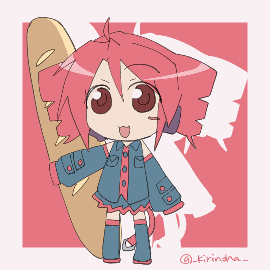 kirinoha, kasane teto, kasane teto (utau), utau, 1girl, :3, baguette, blush stickers, boots, bread, chibi, collared shirt, detached sleeves, drill hair, drop shadow, food, full body, headphones, headset, long sleeves, open mouth, oversized food, oversized object, pink hair, red eyes, shirt, single blush sticker, skirt, sleeveless, sleeveless shirt, sleeves past wrists, smile, solo, thigh boots, twin drills