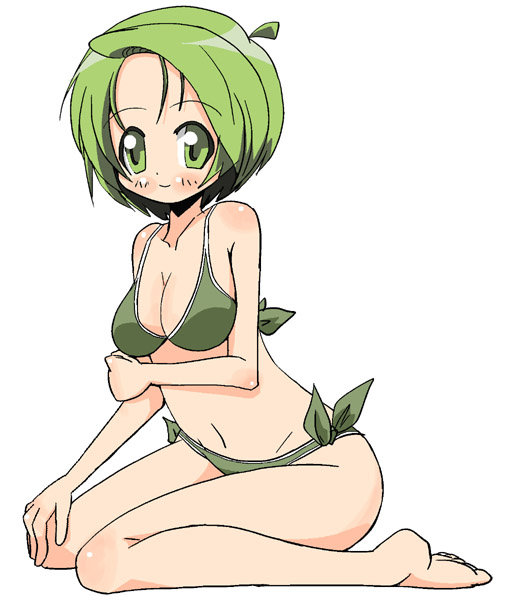 nemuro nao, barefoot, bikini, green bikini, green eyes, green hair, kneeling, short hair, solo, swimsuit