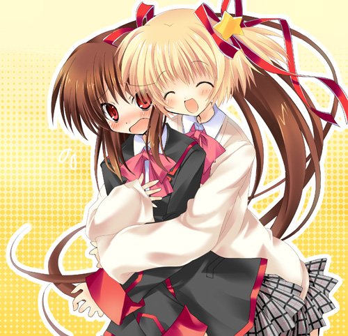 paco, kamikita komari, natsume rin, little busters!, lowres, 2girls, blonde hair, blush, bow, brown hair, closed eyes, happy, hug, long hair, multiple girls, pink bow, red eyes, ribbon, school uniform, short hair, shy, smile, very long hair