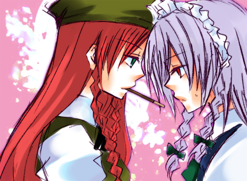 fusuke, hong meiling, izayoi sakuya, embodiment of scarlet devil, touhou, silver hair, bad id, bad pixiv id, 2girls, female focus, food, green eyes, hairband, hat, long hair, maid, multiple girls, pocky, pocky kiss, red eyes, red hair, ribbon, shared food, short hair, upper body, yuri