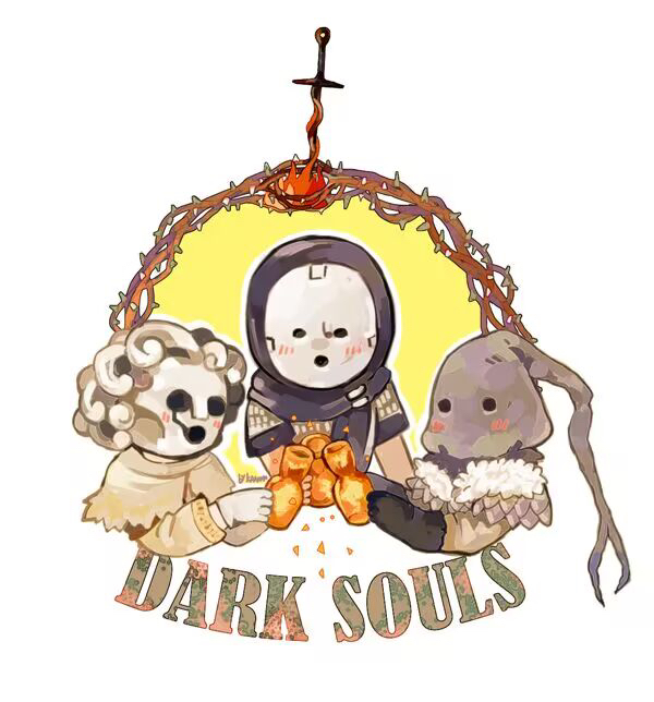 kanon (rsl), ashen one (dark souls), bearer of the curse, chosen undead, dark souls (series), dark souls i, dark souls ii, dark souls iii, commentary, 3others, ambiguous gender, black gloves, black hood, black scarf, bonfire (dark souls), capelet, copyright name, estus flask, fire, gloves, grey hood, mask, masked, multiple others, open mouth, other focus, scarf, simple background, sword, thorns, upper body, weapon, white background, white capelet, white gloves