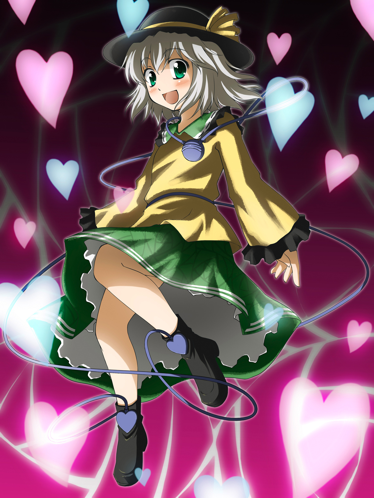 takoyaki1116, takoyaki (takoyaki-batake), komeiji koishi, touhou, eyebrows, highres, 1girl, black hat, black shoes, bow, female focus, frilled shirt collar, frilled sleeves, frills, full body, green eyes, green skirt, grey hair, happy, hat, hat bow, hat ribbon, heart, long sleeves, open mouth, ribbon, shirt, shoes, short hair, skirt, solo, third eye, yellow bow, yellow shirt