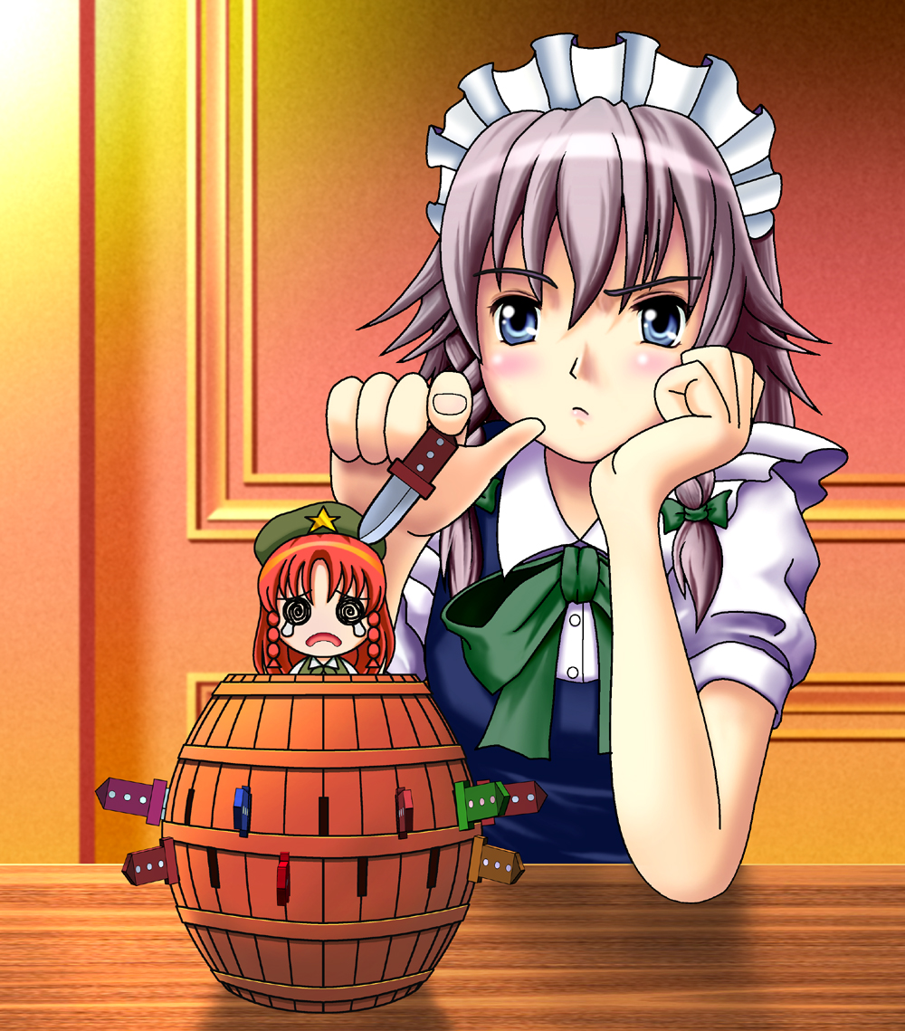 nyagoro, hong meiling, izayoi sakuya, embodiment of scarlet devil, touhou, silver hair, 2girls, @ @, barrel, blush, chibi, female focus, hairband, hat, in container, knife, long hair, maid, mini person, minigirl, multiple girls, pop-up pirate, red hair, ribbon, short hair, teardrop, tears, throwing knife, weapon
