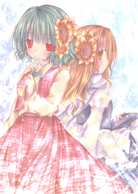 kasuga sunao, kazami yuuka, kirisame marisa, touhou, 2girls, ascot, back-to-back, blonde hair, female focus, flower, green hair, hair ornament, holding, holding flower, multiple girls, no headwear, plaid clothes, plaid skirt, plaid vest, red eyes, short hair, skirt, skirt set, sunflower, vest, yellow eyes