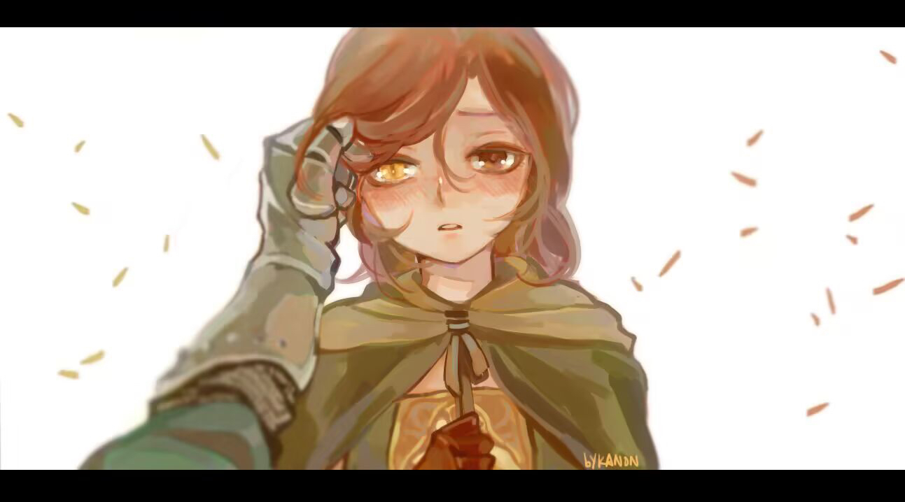 kanon (rsl), bearer of the curse, emerald herald, dark souls (series), dark souls ii, commentary, 1girl, 1other, blush, brown eyes, brown gloves, brown hair, cloak, dress, gauntlets, gloves, green cloak, green dress, hand in own hair, heterochromia, letterboxed, looking at viewer, open mouth, pov, pov hands, short hair, simple background, sleeveless, solo focus, upper body, white background, yellow eyes