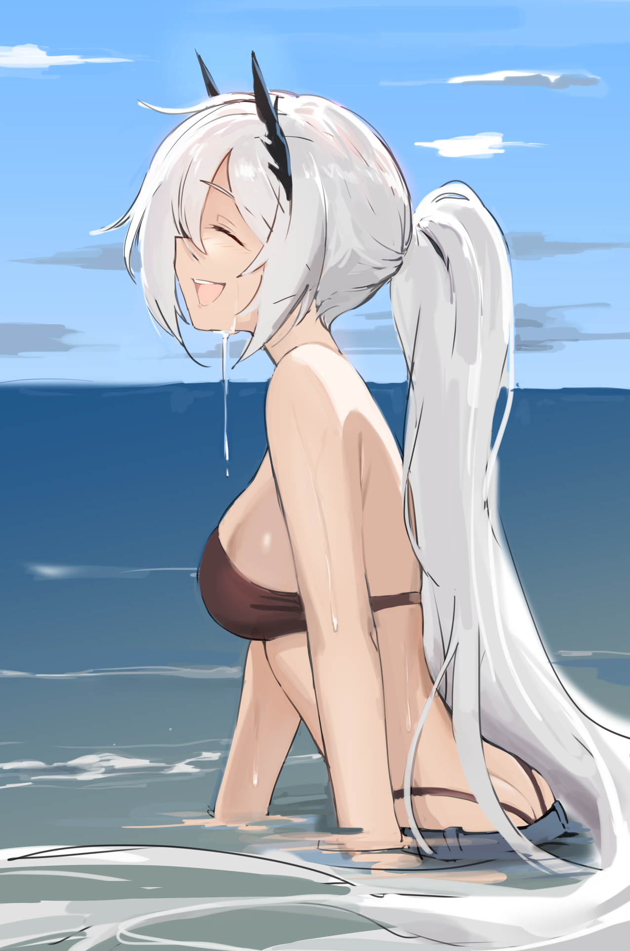 saki (remainaddd), kiana kaslana, kiana kaslana (herrscher of flamescion), kiana kaslana (summer 2022), honkai (series), honkai impact 3rd, highres, 1girl, bikini, black bikini, blue sky, breasts, butt crack, closed eyes, cloud, cloudy sky, highleg, highleg bikini, large breasts, long hair, open mouth, outdoors, ponytail, sky, smile, solo, swimsuit, very long hair, water, wet, wet hair