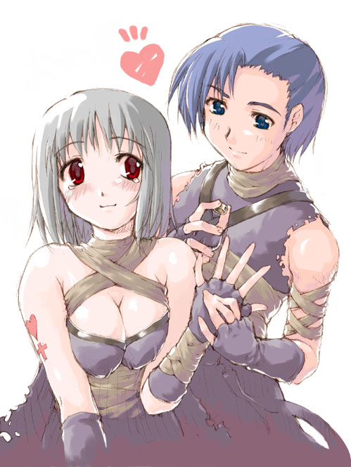 pitomo, assassin (ragnarok online), ragnarok online, source request, 1boy, 1girl, assassin, blush, breasts, cleavage, couple, heart, hetero, jewelry, ring, tears