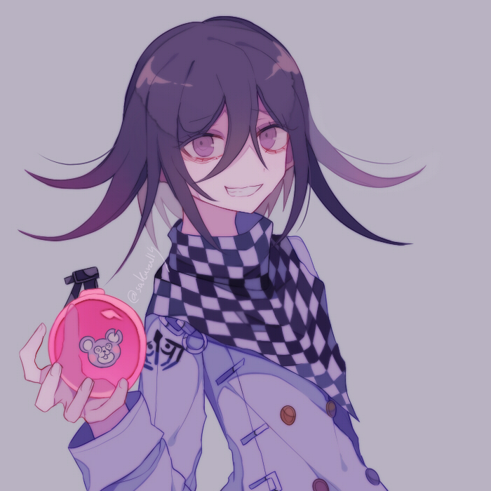 sakura (fein5862817), oma kokichi, danganronpa (series), danganronpa v3: killing harmony, 1boy, aegyo sal, black scarf, bomb, buttons, chain, checkered clothes, checkered scarf, crest, dot nose, double-breasted, evil grin, evil smile, explosive, eyelashes, fang, grey background, grin, hair between eyes, holding, holding bomb, jacket, long hair between eyes, long sleeves, male focus, multicolored buttons, purple eyes, purple hair, scarf, short hair, simple background, sleeve cuffs, smile, solo, twitter username, two-tone scarf, upper body, white jacket, white scarf