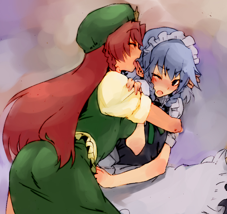 ikuhana niiro, hong meiling, izayoi sakuya, embodiment of scarlet devil, touhou, silver hair, bad id, bad pixiv id, 2girls, blush, ear licking, female focus, hairband, hat, hug, licking, long hair, maid, multiple girls, red hair, ribbon, short hair, tongue, yuri