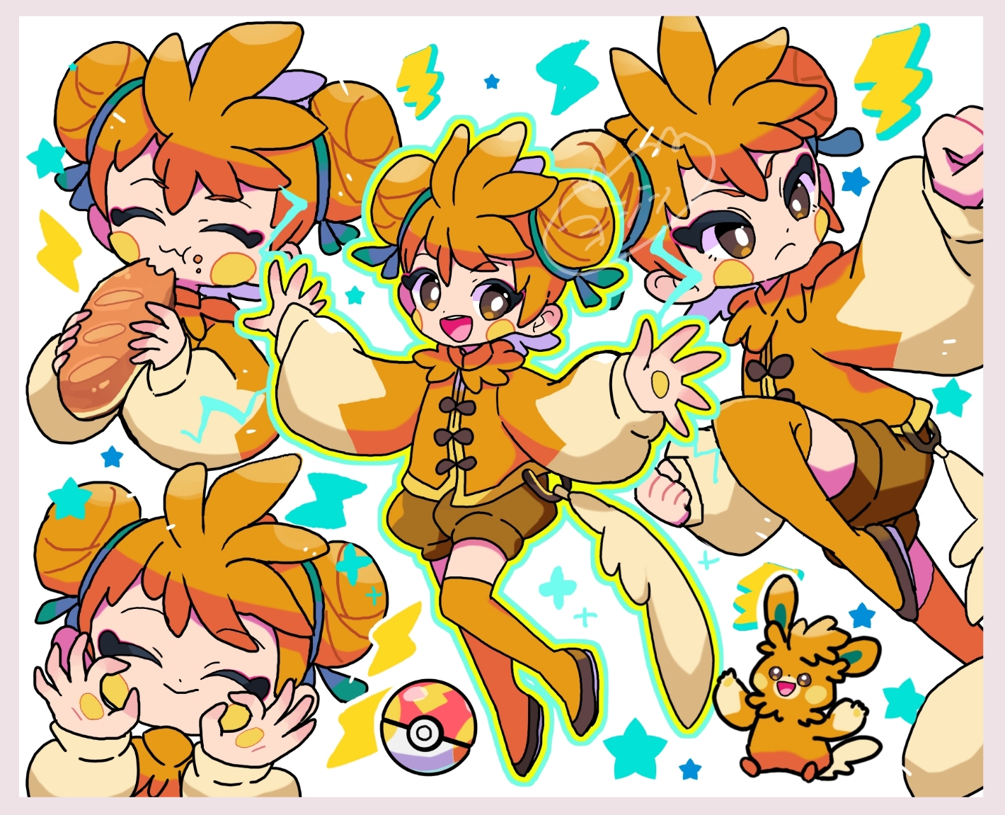 yoshishi (yosisitoho), pawmot, nintendo, pokemon, 1girl, :3, :d, blue ribbon, border, bread, bright pupils, brown eyes, brown shoes, brown shorts, chinese clothes, double bun, eating, eyeshadow, fast ball, food, full body, grey border, hair bun, kneehighs, loaf of bread, looking at viewer, makeup, multiple views, open mouth, orange hair, orange shirt, orange socks, personification, pink eyeshadow, poke ball, pokemon (creature), ribbon, shirt, shoes, shorts, simple background, smile, socks, solo, standing, white background, white pupils