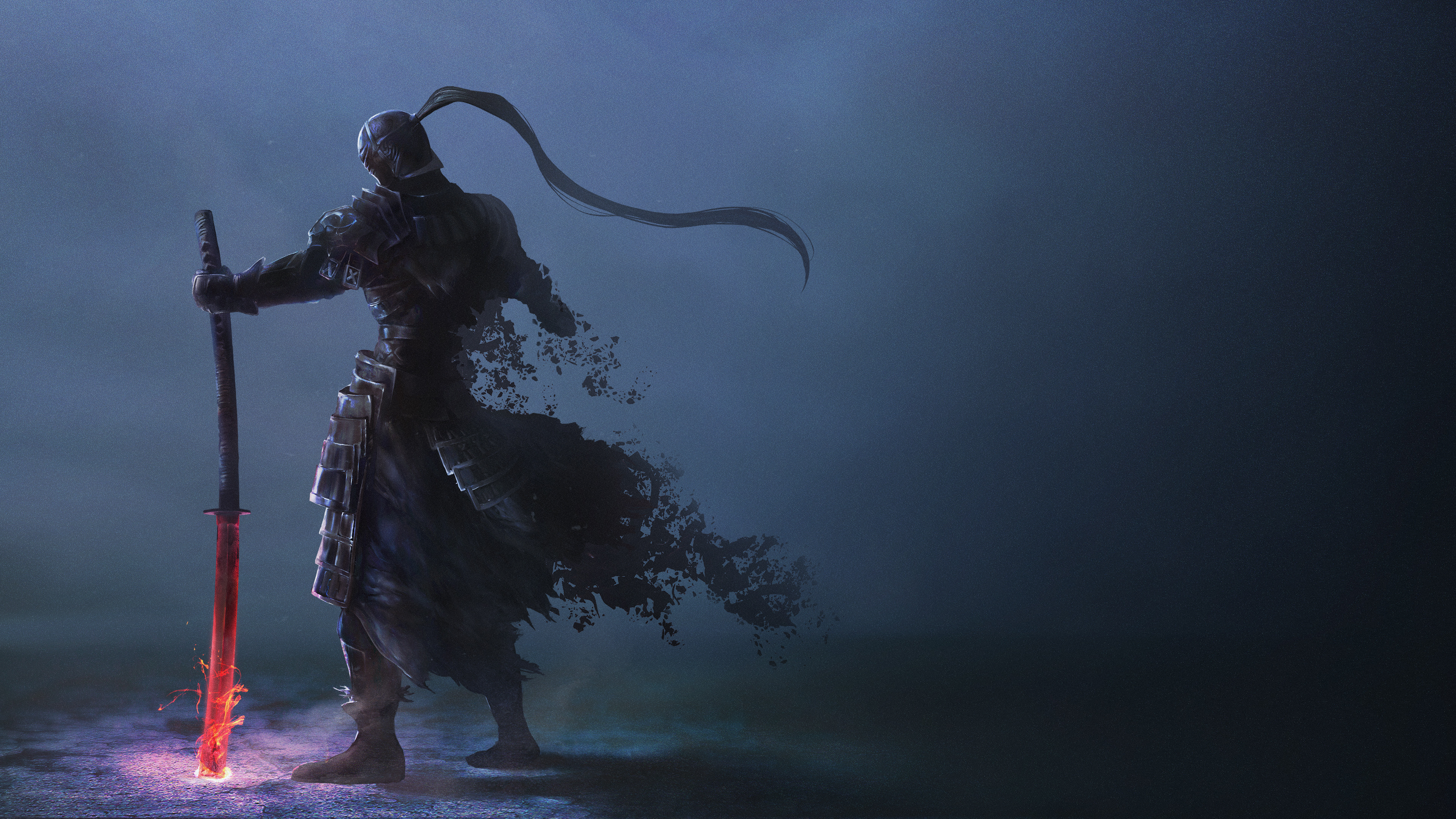 kurotokusa, dark souls (series), dark souls ii, absurdres, commentary request, highres, 1boy, armor, boots, breastplate, faulds, fire, from behind, full body, glowing, glowing sword, glowing weapon, helm, helmet, holding, holding sword, holding weapon, katana, knight, male focus, sir alonne, sitting, solo, sword, weapon