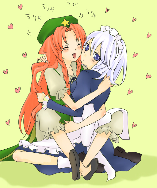 mitsuko, hong meiling, izayoi sakuya, embodiment of scarlet devil, touhou, silver hair, bad id, bad pixiv id, 2girls, blue eyes, blush, female focus, hairband, hat, heart, hug, long hair, maid, multiple girls, red hair, short hair, yuri