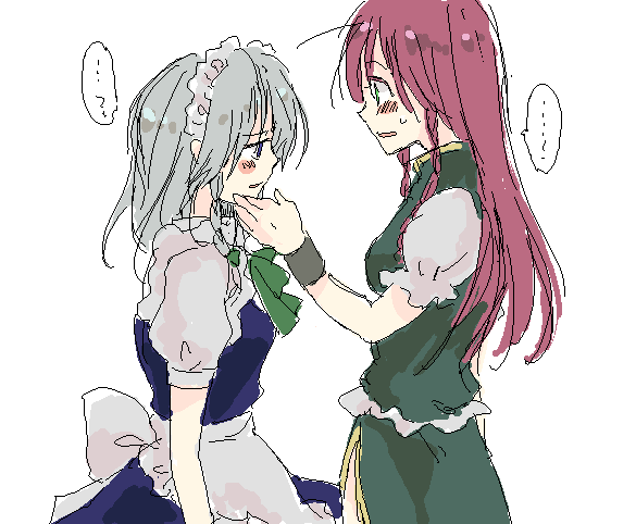 kazachiha, hong meiling, izayoi sakuya, embodiment of scarlet devil, touhou, silver hair, bad id, bad pixiv id, 2girls, blue eyes, blush, female focus, green eyes, hairband, long hair, maid, multiple girls, red hair, ribbon, sad, short hair, simple background, skirt, white background, yuri