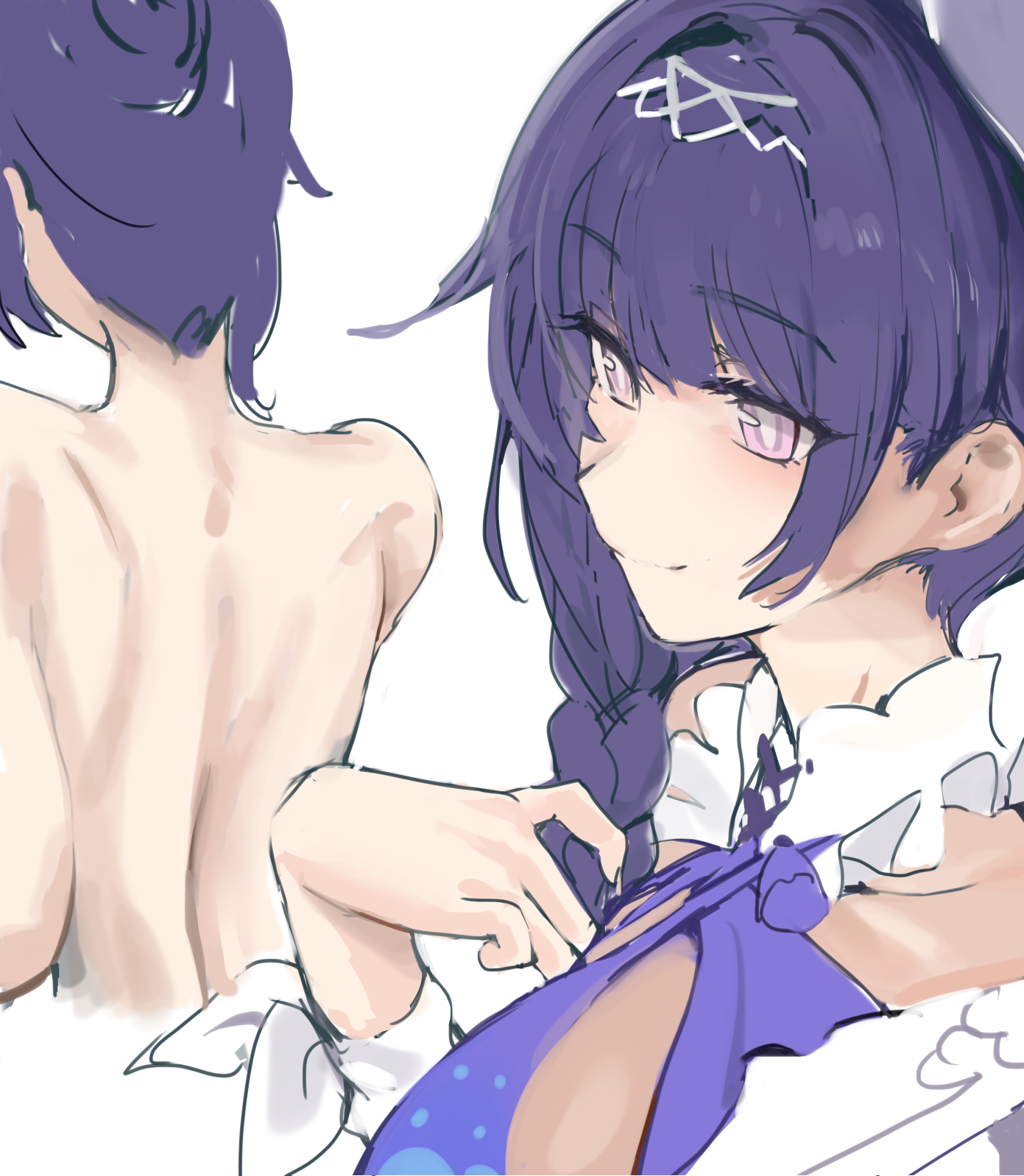 saki (remainaddd), raiden mei, raiden mei (crooning tides), raiden mei (herrscher of origin), honkai (series), honkai impact 3rd, highres, 1girl, back, braid, breasts, closed mouth, large breasts, one-piece swimsuit, purple eyes, purple hair, purple one-piece swimsuit, simple background, solo, swimsuit, upper body, white background