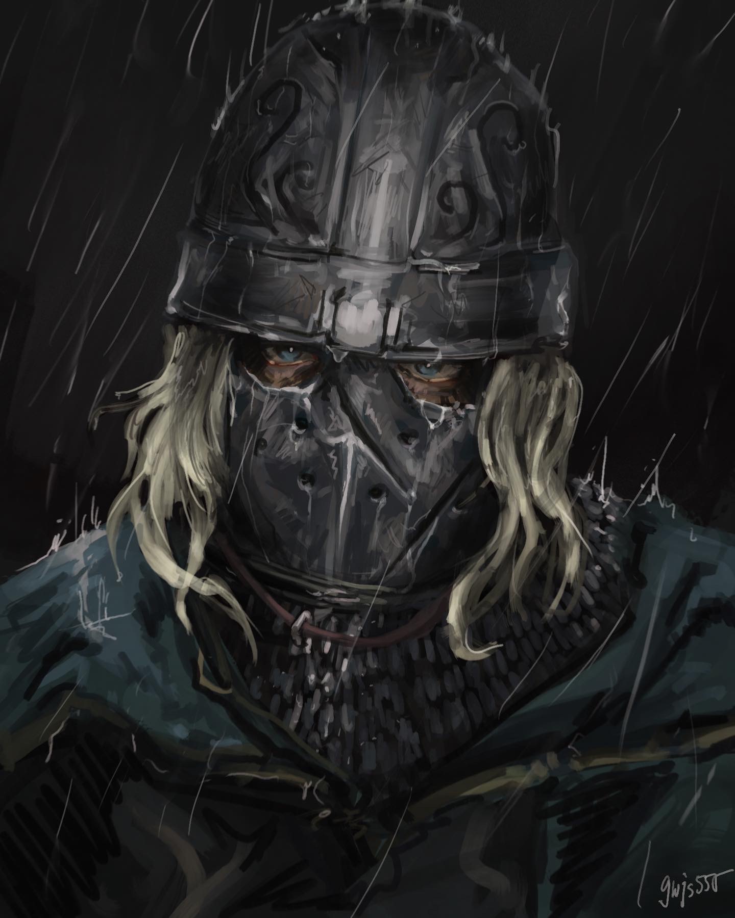 gwjs555, creighton of mirrah, dark souls (series), dark souls ii, commentary request, highres, 1boy, armor, blue cape, blue eyes, cape, chainmail, grey hair, helmet, looking at viewer, male focus, mask, masked, rain, short hair, solo, upper body