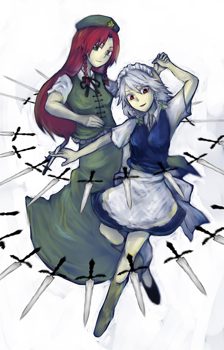 hong meiling, izayoi sakuya, embodiment of scarlet devil, touhou, silver hair, 2girls, female focus, green eyes, hairband, hat, holding hands, knife, long hair, maid, multiple girls, red eyes, red hair, ribbon, short hair, throwing knife, weapon, white background