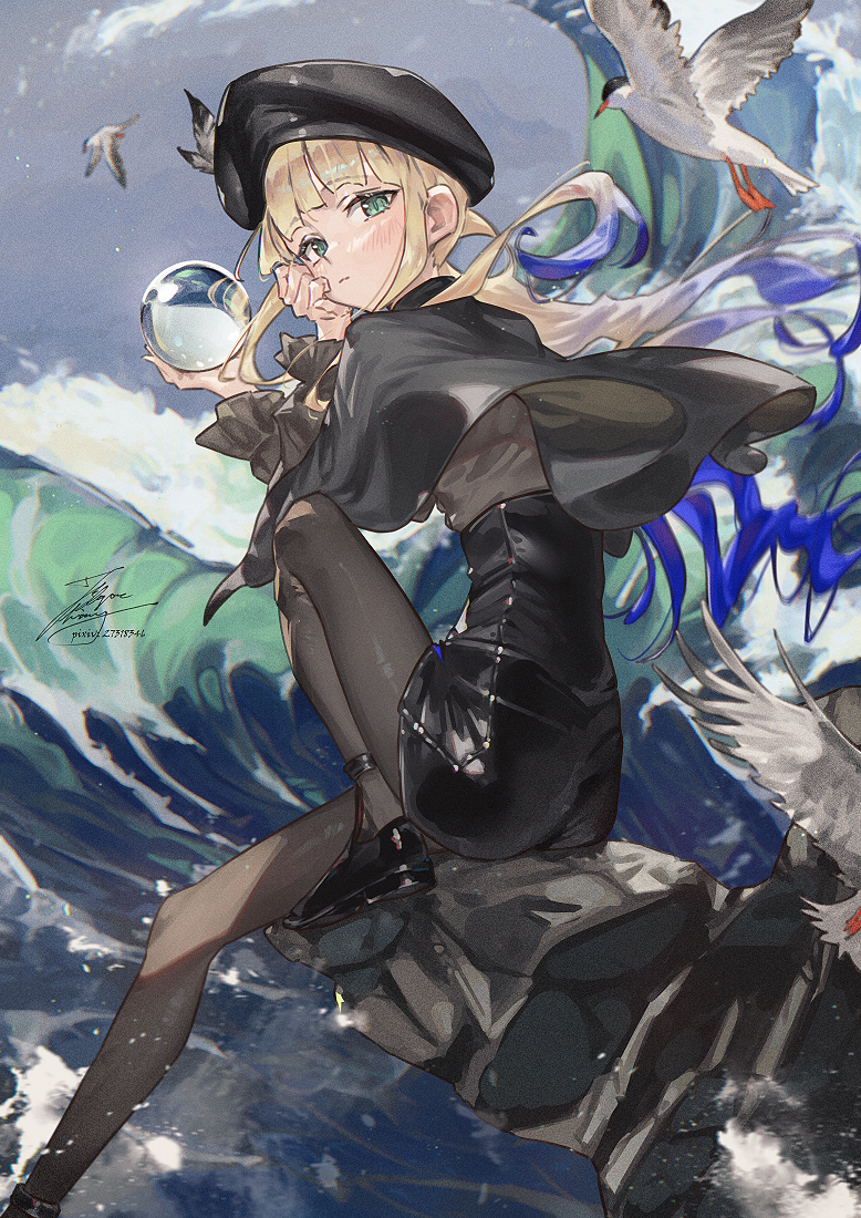 fadingz, fate/grand order, fate (series), 1boy, ass, beret, bird, black capelet, black shorts, blonde hair, blue eyes, capelet, gradient hair, green hair, grey shirt, hat, hat feather, high-waist shorts, long hair, long sleeves, looking at viewer, multicolored hair, noah (second ascension) (fate/grand order), shirt, shorts, sitting, solo, water, waves