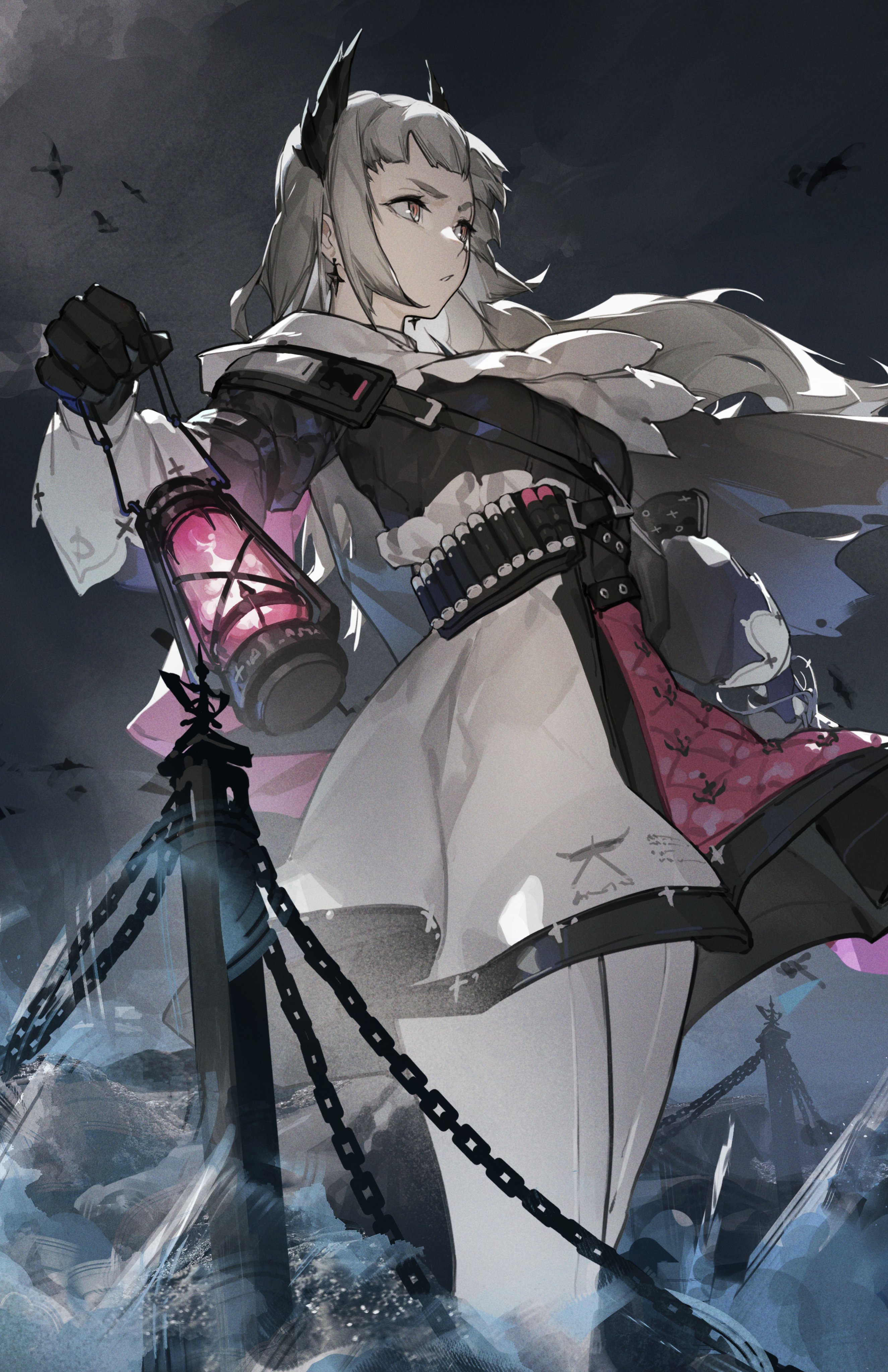 kuno (runkunochan), irene (arknights), arknights, absurdres, highres, 1girl, ammunition belt, bird, black gloves, black jacket, capelet, chain, cloud, cloudy sky, dark cloud, earrings, eye reflection, feet out of frame, front-seamed legwear, gloves, grey eyes, grey hair, gun, handgun, head wings, high-waist skirt, holding, holding lantern, holding sword, holding weapon, holstered, jacket, jewelry, lantern, long hair, long sleeves, ocean, outdoors, pantyhose, parted lips, purple skirt, rapier, reflection, scar, scar across eye, scar on face, seamed legwear, short bangs, sidelocks, skirt, sky, solo, standing, storm, sword, thighs, weapon, white capelet, white pantyhose, white skirt, wings