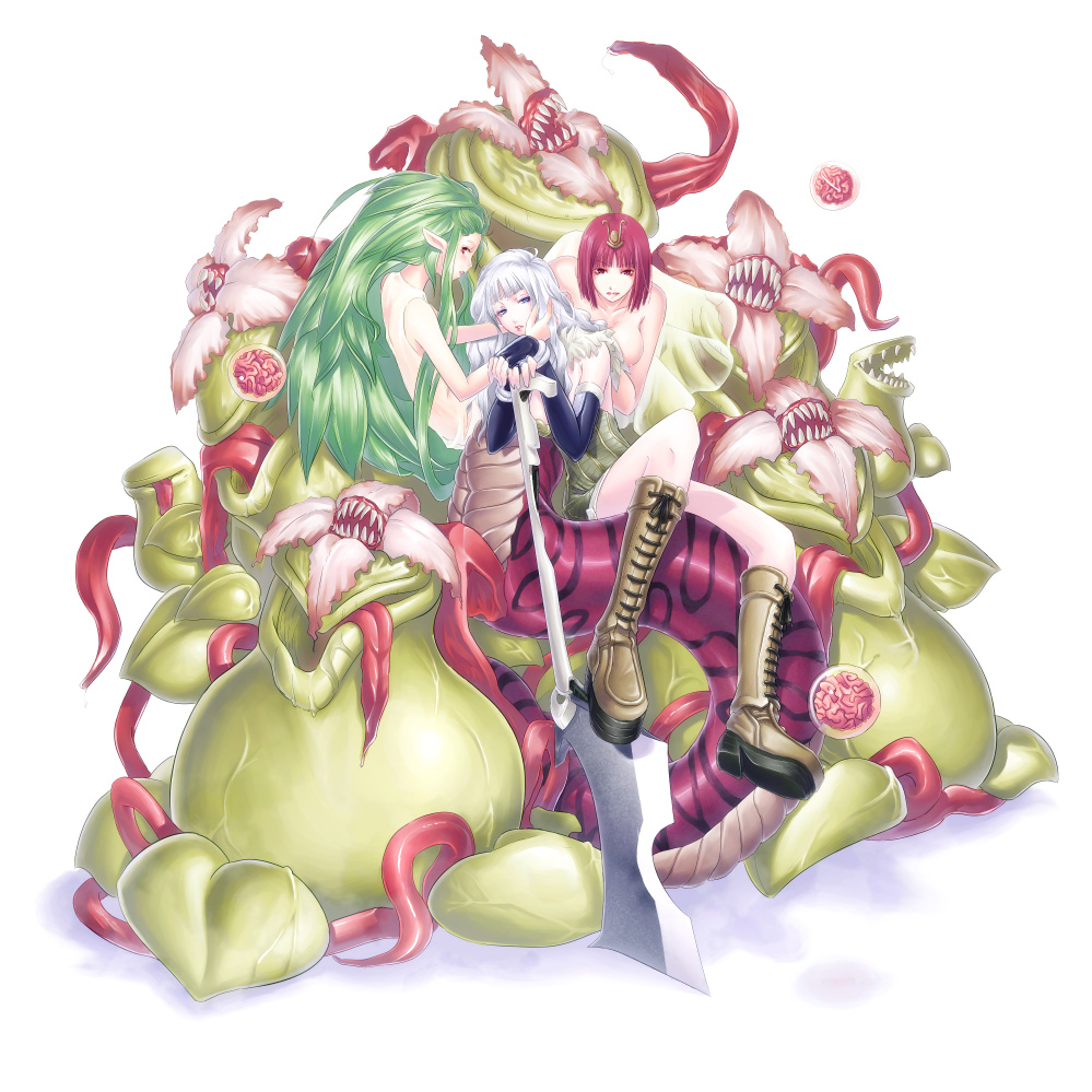 mr.romance, alchemist (ragnarok online), isis (ragnarok online), lif (ragnarok online), mandragora (ragnarok online), ragnarok online, homunculus, 3girls, alchemist, axe, boots, embryo, flower, green hair, grey hair, lamia, long hair, mandragora, monster girl, multiple girls, pink hair, plant girl, very long hair, weapon