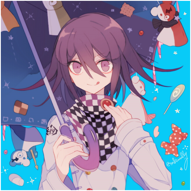sakura (fein5862817), monodam, monokid, monophanie, monosuke, monotaro (danganronpa), oma kokichi, danganronpa (series), danganronpa v3: killing harmony, commentary request, 1boy, :q, aegyo sal, bear, belt, black scarf, black umbrella, blue background, brooch, buttons, candy, checkerboard cookie, checkered clothes, checkered scarf, closed mouth, cookie, cracker, crest, dot nose, double-breasted, dripping, eyelashes, food, hair between eyes, hand on own shoulder, holding, holding umbrella, icing, jacket, jelly bean, jewelry, lollipop, long hair between eyes, long sleeves, looking at viewer, male focus, multicolored buttons, puppet, purple eyes, purple hair, scarf, short hair, simple background, sleeves past wrists, smile, solo, sparkle, swirl lollipop, tongue, tongue out, twitter username, two-tone scarf, umbrella, umbrella over shoulder, upper body, white belt, white jacket, white scarf, wrist belt