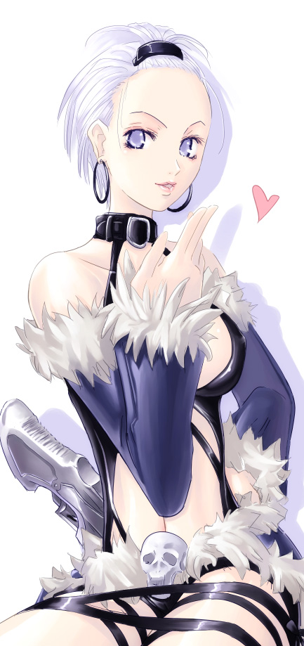 mr.romance, stalker, stalker (ragnarok online), ragnarok online, 1girl, animal collar, blowing kiss, choker, collar, detached sleeves, earrings, female focus, fur-trimmed sleeves, fur-trimmed waist cape, fur trim, grey eyes, grey hair, hair ornament, hairclip, heart, hoop earrings, jewelry, lips, looking at viewer, purple eyes, skull, solo, thigh strap, waist cape, weapon, white hair