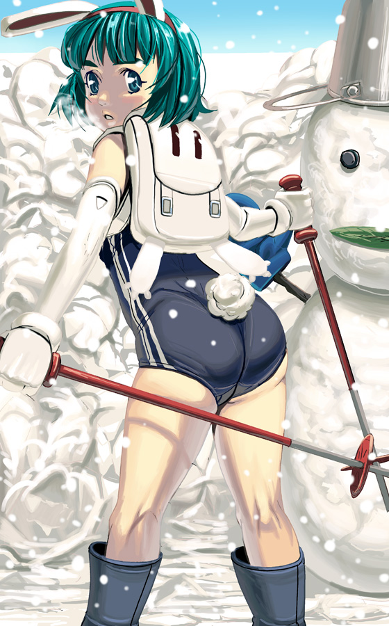 kouno (masao), original, bad id, bad pixiv id, 1girl, animal ears, ass, backpack, bag, breath, elbow gloves, female focus, gloves, one-piece swimsuit, rabbit ears, rabbit tail, school swimsuit, short hair, skiing, snow, snowman, solo, swimsuit, tail