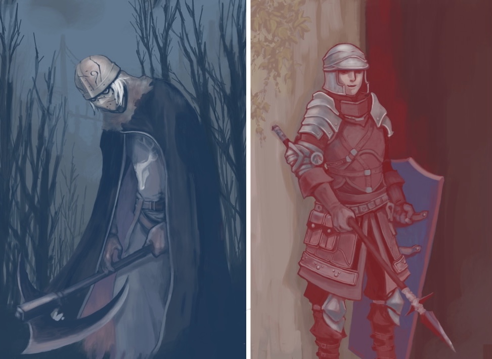 creighton of mirrah, mild mannered pate, dark souls (series), dark souls ii, commentary request, 2boys, armor, axe, bare tree, black cape, blue theme, brown gloves, brown vest, cape, cowboy shot, gloves, grey tunic, helmet, holding, holding axe, holding polearm, holding shield, holding weapon, looking at viewer, mask, masked, multiple boys, open mouth, pants, pauldrons, polearm, red theme, shield, short hair, shoulder armor, smile, spear, split theme, tanaka (tnksp2), tree, tunic, vest, weapon, white hair