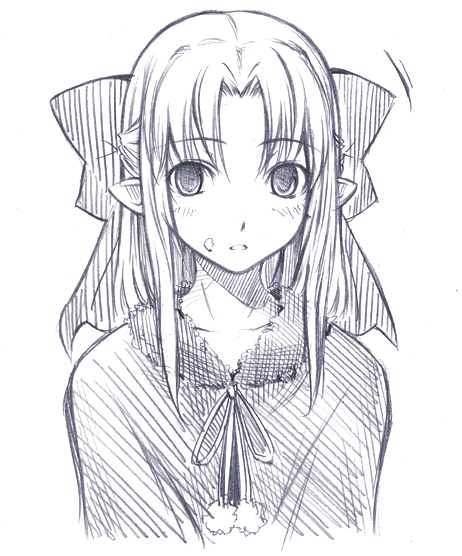 len (tsukihime), melty blood, tsukihime, type-moon, 00s, 1girl, black dress, blue theme, bow, capelet, dress, female focus, food, food on face, hair bow, monochrome, pointy ears, solo