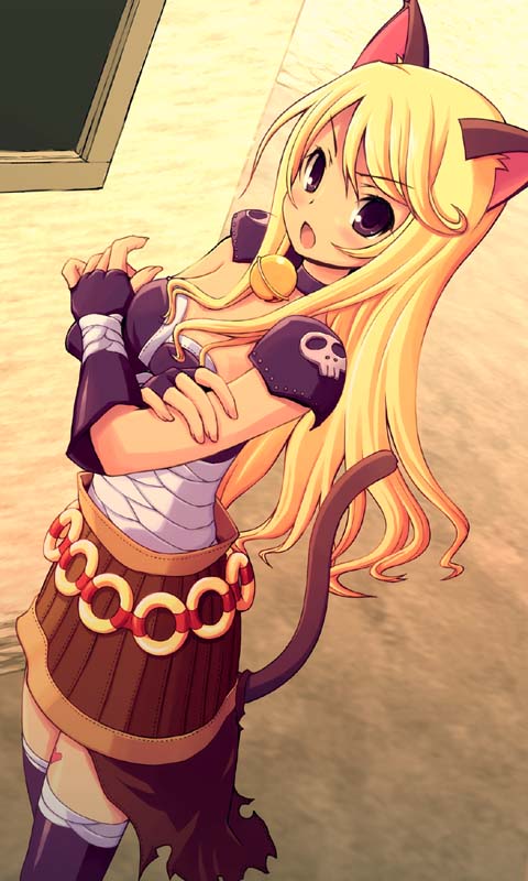 kimarin, assassin (ragnarok online), npc (ragnarok online), wikebine, ragnarok online, 1girl, animal ears, annoyed, armor, assassin, bandages, bell, blonde hair, cat ears, cat girl, cat tail, collar, crossed arms, dutch angle, female focus, fingerless gloves, gloves, long hair, miniskirt, neck bell, open mouth, purple eyes, purple thighhighs, shoulder pads, skirt, solo, standing, tail, thighhighs, torn clothes, zettai ryouiki