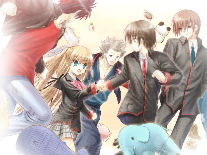 na-ga, inohara masato, miyazawa kengo, naoe riki, natsume kyousuke, tokido saya, little busters!, game cg, 1girl, 4boys, aqua eyes, blonde hair, food, happy, long hair, multiple boys, school uniform, smile, stuffed animal, stuffed toy, very long hair