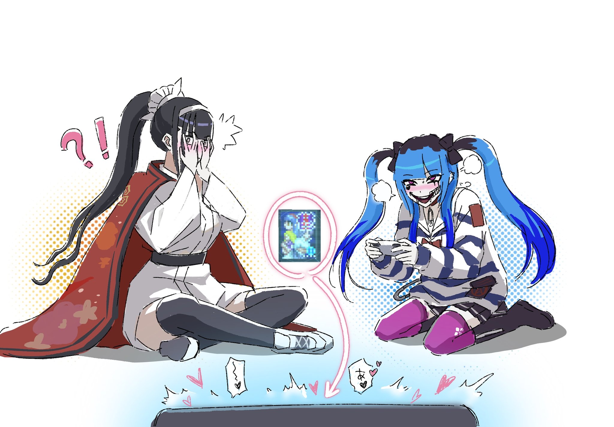 amemiya darumi, magadori kyoshika, the hundred line -last defense academy-, commentary request, hashtag-only commentary, highres, !?, 2girls, belt, black belt, black boots, black hair, black thighhighs, blue hair, blush, boots, cape, controller, game controller, hairband, holding, holding controller, holding game controller, japanese clothes, killanyone00, long sleeves, multicolored hair, multiple girls, pink eyes, pink thighhighs, playing games, ponytail, red cape, shoes, sitting, thighhighs, twintails, video game, white hairband, white shoes
