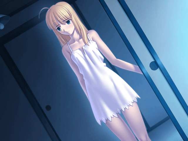 takeuchi takashi, saber (fate), fate/stay night, fate (series), game cg, jpeg artifacts, ahoge, blonde hair, green eyes, lingerie, nightgown, underwear