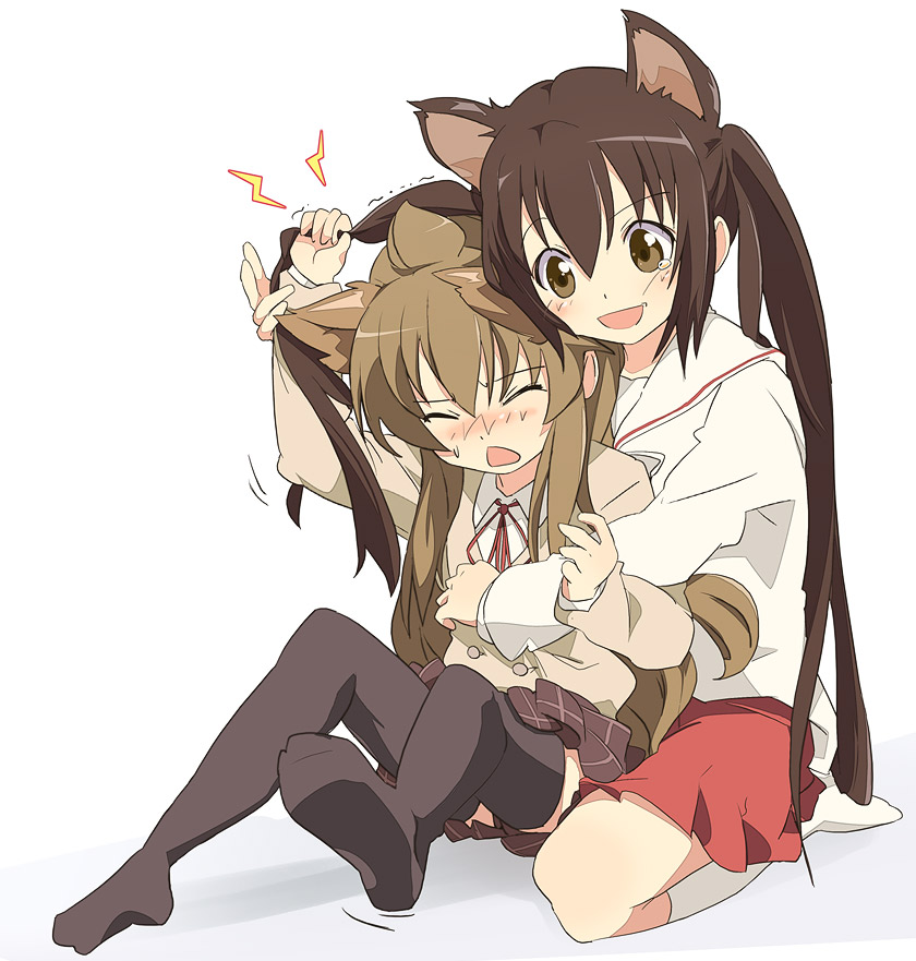 ixy, minami chiaki, minami kana, minami-ke, 00s, 2girls, animal ears, blush, brown eyes, brown hair, feet, grabbing another's hair, holding another's hair, hug, kneeling, long hair, multiple girls, siblings, sisters, skirt, socks, sweat, tears, thighhighs, twintails
