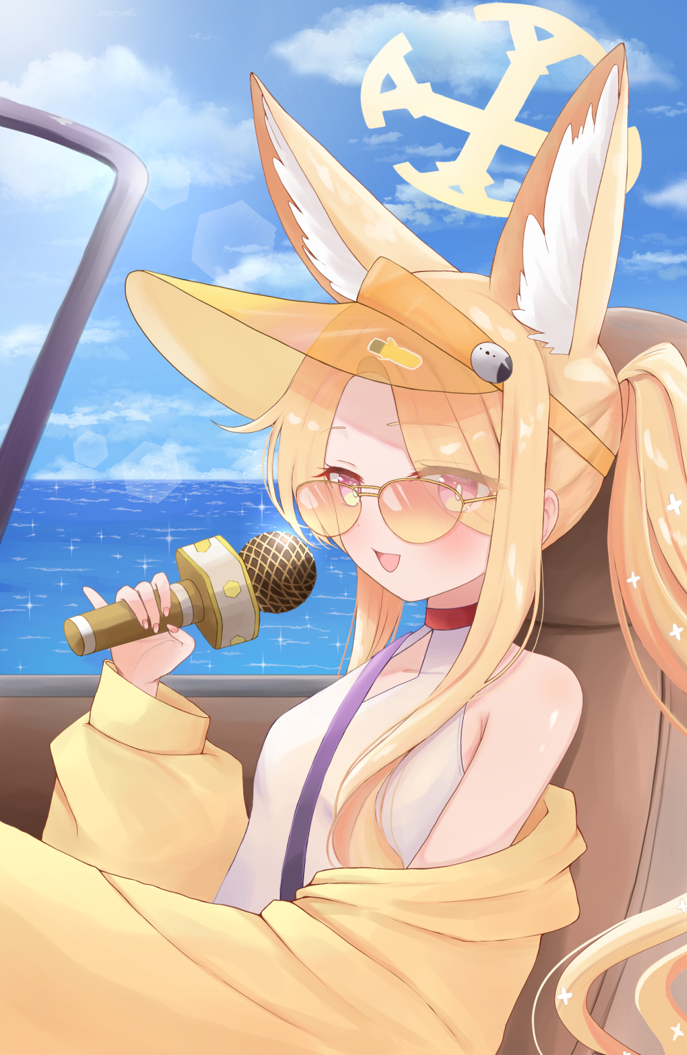 a ekoa, seia (blue archive), seia (swimsuit) (blue archive), blue archive, commentary, highres, 1girl, :d, animal ear fluff, animal ears, bare shoulders, blonde hair, blush, breasts, car, casual one-piece swimsuit, clothing cutout, cloud, collarbone, day, diamond cutout, extra ears, eyelashes, eyes visible through hair, fox ears, fox girl, from side, hair over one eye, halo, hand up, holding, holding microphone, jacket, lens flare, long hair, looking ahead, microphone, motor vehicle, multicolored eyes, music, ocean, official alternate costume, official alternate hairstyle, one-piece swimsuit, open clothes, open jacket, open mouth, orange-tinted eyewear, outdoors, pink eyes, side ponytail, sidelocks, singing, sitting, small breasts, smile, solo, sparkle, sunglasses, swimsuit, tinted eyewear, two-tone eyes, upper body, visor cap, white one-piece swimsuit, yellow eyes, yellow halo, yellow jacket