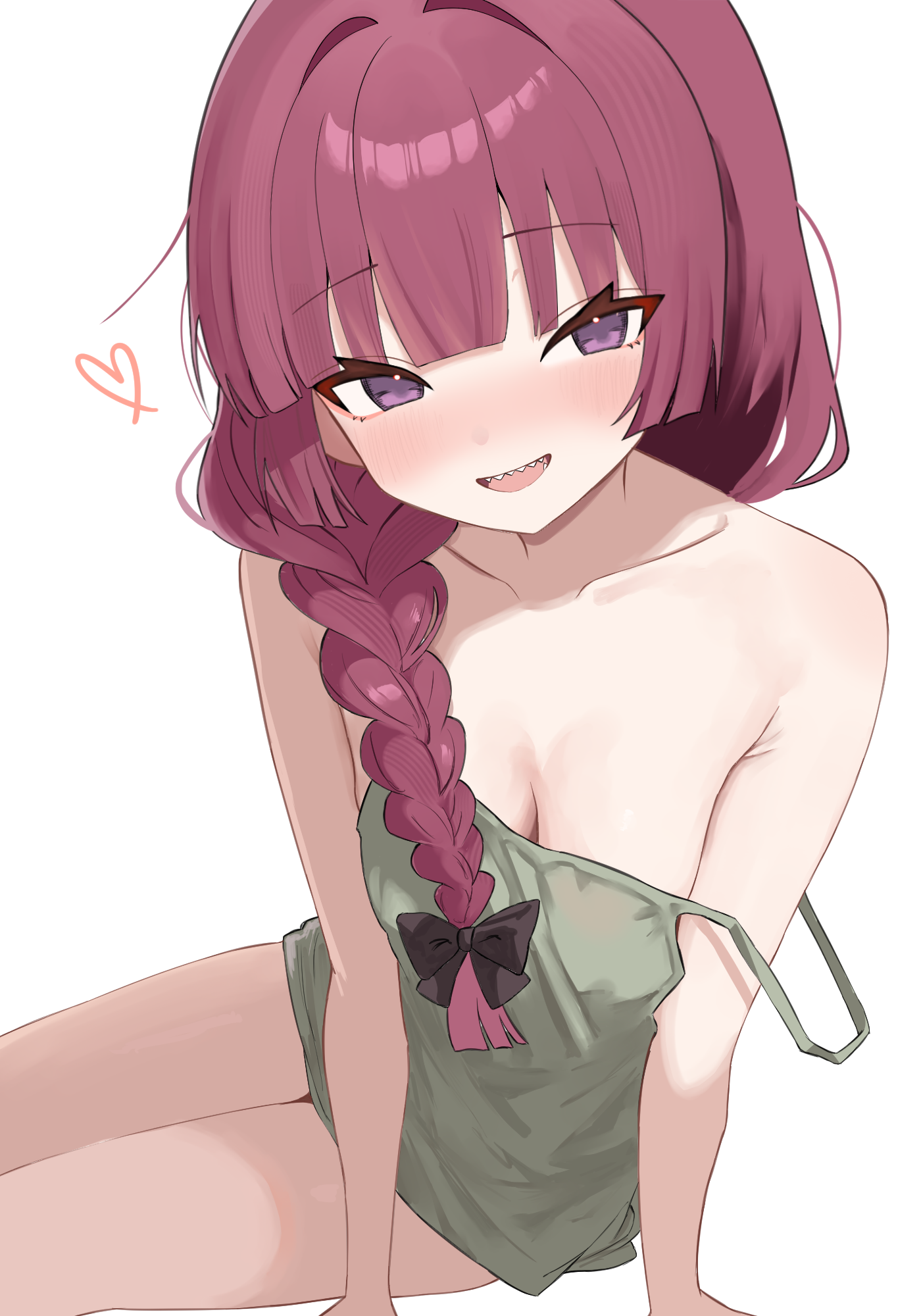 peacem4ker, hiroi kikuri, bocchi the rock!, commentary request, highres, korean commentary, 1girl, black bow, blunt bangs, blush, bow, breasts, cleavage, collarbone, dress, green dress, hair bow, heart, long braid, long hair, looking at viewer, medium breasts, red eyes, red hair, sharp teeth, simple background, sitting, sleeveless, sleeveless dress, smile, solo, strap slip, teeth, thighs, white background