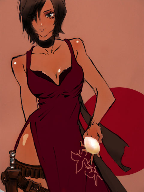 azu yuki, ada wong, capcom, resident evil, resident evil 4, black hair, dress, egg, gun, red dress, short hair, solo, thigh strap, weapon