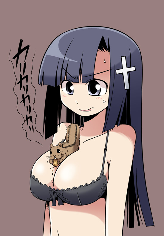 serebi ryousangata, sforce, zange, kannagi, bad id, bad pixiv id, 00s, 1girl, between breasts, black eyes, black hair, blue eyes, blue hair, bra, breasts, cross, crumbs, eating, female focus, food, grimace, lace, lace-trimmed bra, lace trim, large breasts, lingerie, long hair, matching hair/eyes, navel, nut (food), simple background, solo, squirrel, sweatdrop, underwear