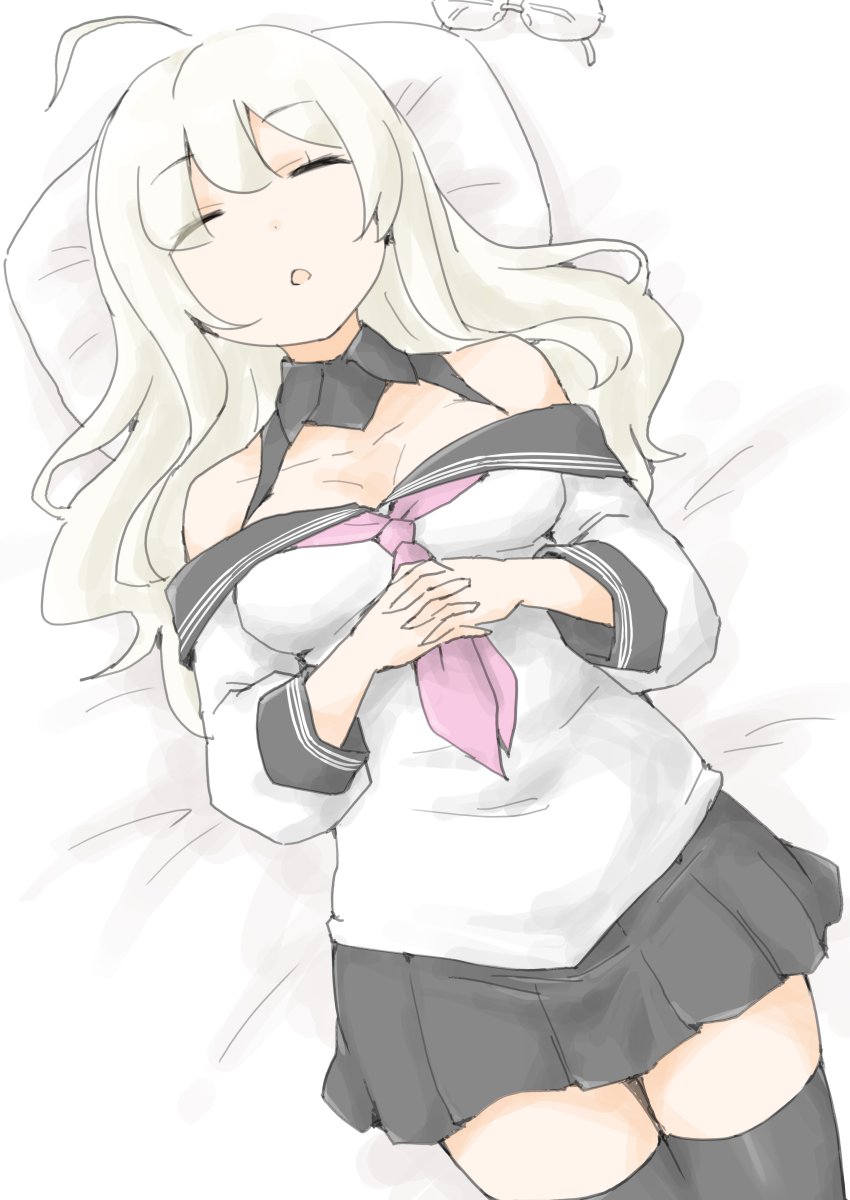 akara kai, heywood l. edwards (kancolle), kantai collection, highres, 1girl, ahoge, black sailor collar, black skirt, black thighhighs, closed eyes, neckerchief, own hands clasped, own hands together, pillow, pink neckerchief, sailor collar, sailor shirt, shirt, skirt, sleeping, solo, thighhighs, unworn eyewear, white hair