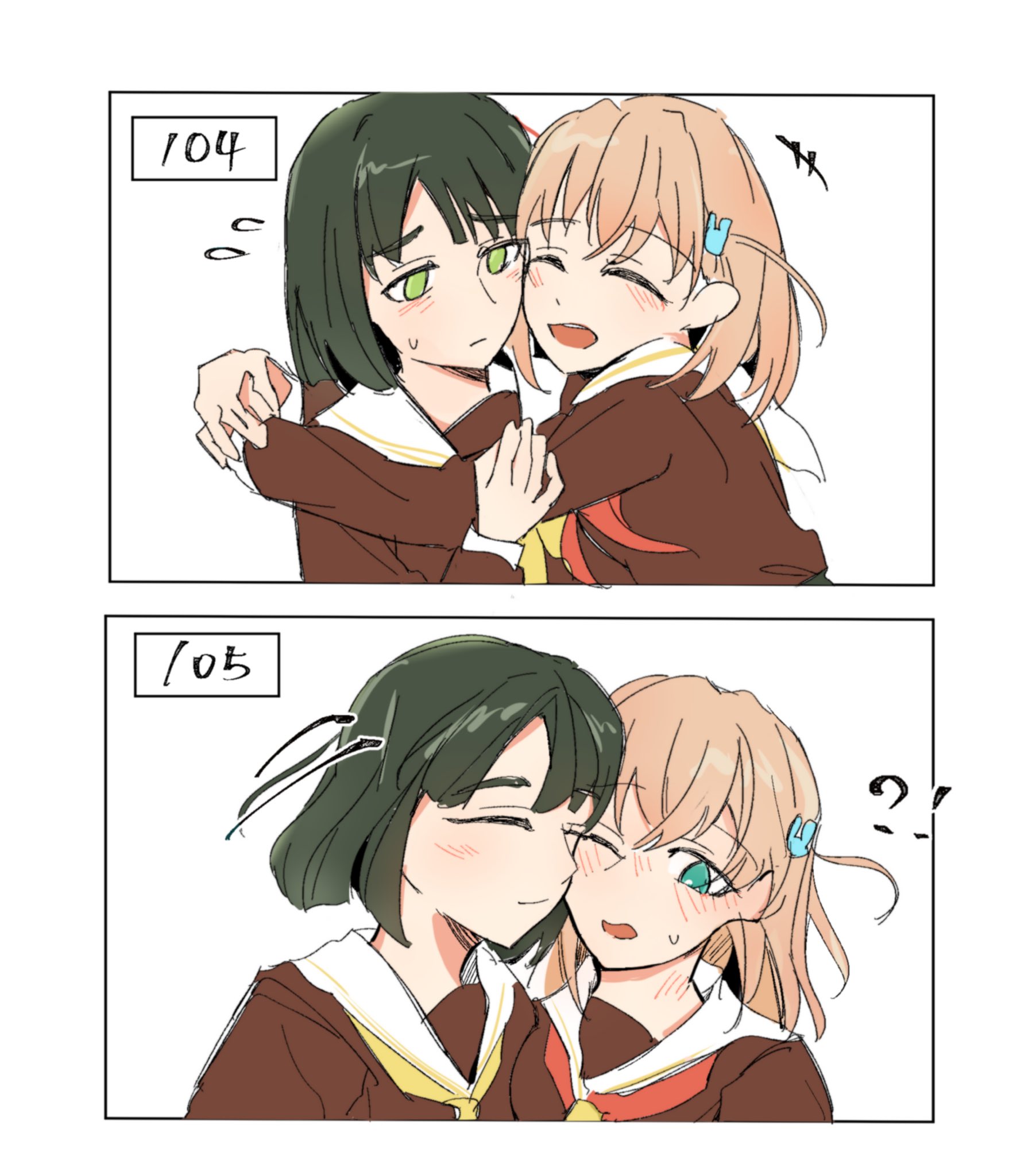 hinoshita kaho, momose ginko, link! like! love live!, love live!, commentary, hashtag-only commentary, highres, !?, +++, 2girls, :d, aqua eyes, black hair, cerise bouquet, cheek-to-cheek, comparison, crossed bangs, dress, green eyes, hair ornament, hasu no sora school uniform, heads together, hug, medium hair, monchin, motion lines, multiple girls, neckerchief, open mouth, orange hair, rabbit hair ornament, red neckerchief, sailor collar, sailor dress, school uniform, smile, speed lines, two side up, virtual youtuber, white sailor collar, winter uniform, yellow neckerchief, yuri