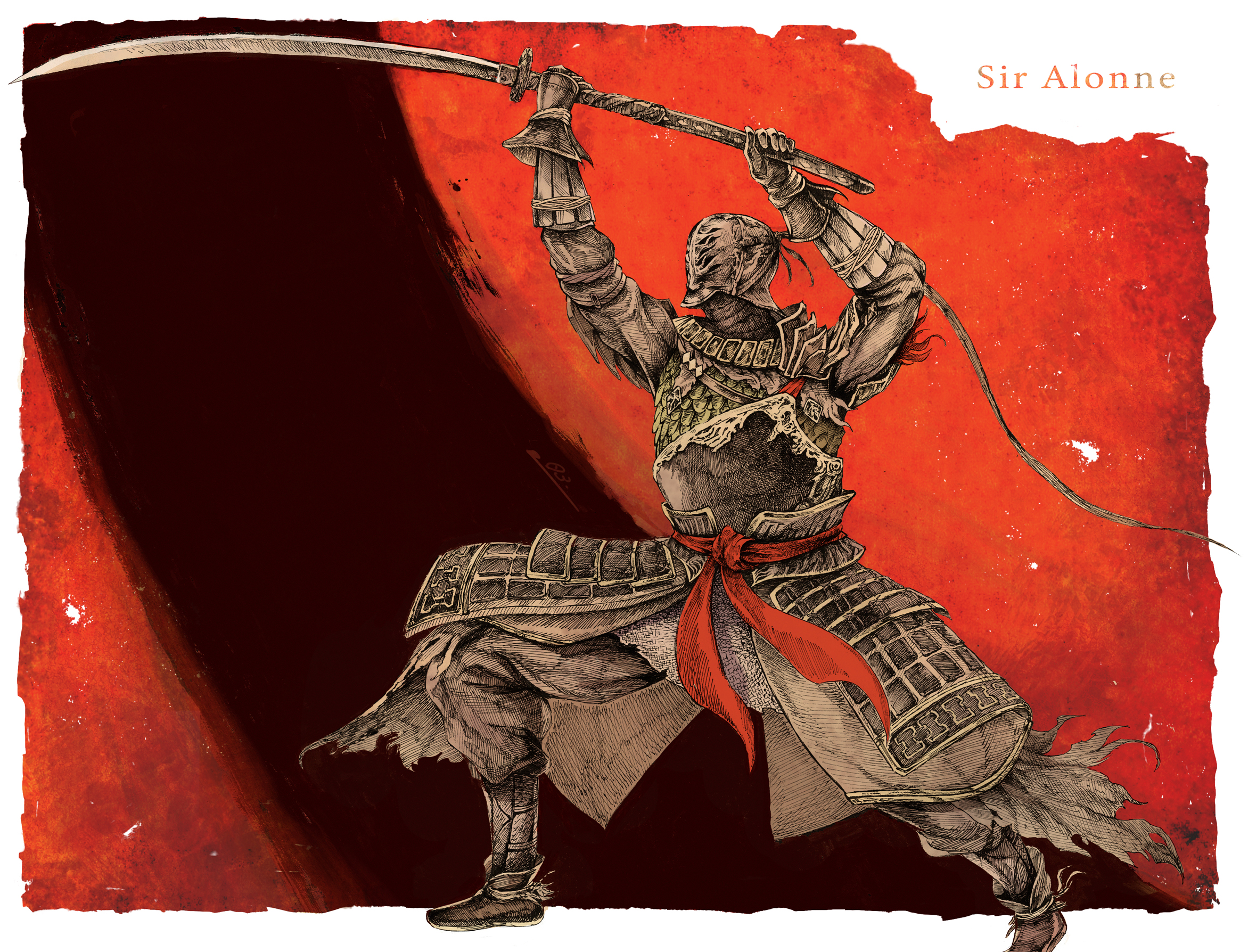 comma03, dark souls (series), dark souls ii, commentary request, highres, 1boy, armor, armored boots, boots, breastplate, character name, faulds, full armor, full body, helm, helmet, holding, holding sword, holding weapon, japanese armor, knight, kote, male focus, nagamaki, polearm, red background, red sash, red theme, sash, sir alonne, slashing, solo, standing, sword, weapon